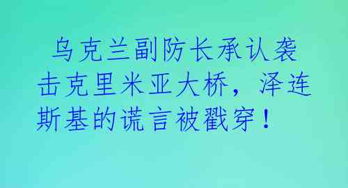  乌克兰副防长承认袭击克里米亚大桥，泽连斯基的谎言被戳穿！