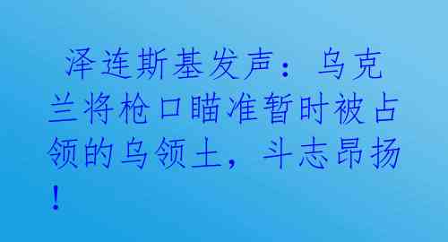  泽连斯基发声：乌克兰将枪口瞄准暂时被占领的乌领土，斗志昂扬！