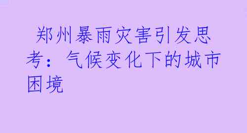  郑州暴雨灾害引发思考：气候变化下的城市困境 