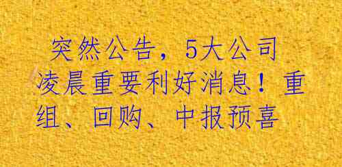  突然公告，5大公司凌晨重要利好消息！重组、回购、中报预喜 