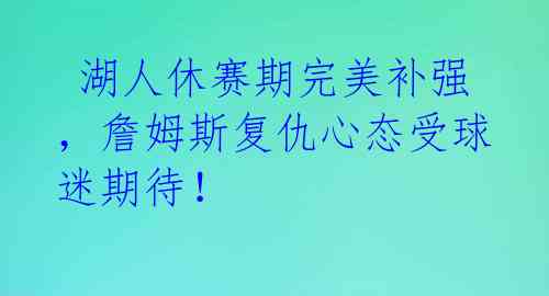 湖人休赛期完美补强,詹姆斯复仇心态受球迷期待!