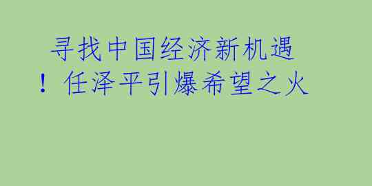  寻找中国经济新机遇！任泽平引爆希望之火 