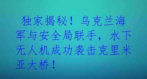 独家揭秘!乌克兰海军与安全局联手,水下无人机成功袭击克里米亚大桥!
