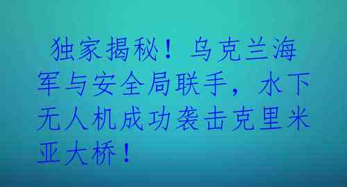  独家揭秘！乌克兰海军与安全局联手，水下无人机成功袭击克里米亚大桥！ 