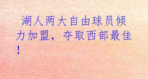  湖人两大自由球员倾力加盟，夺取西部最佳！ 