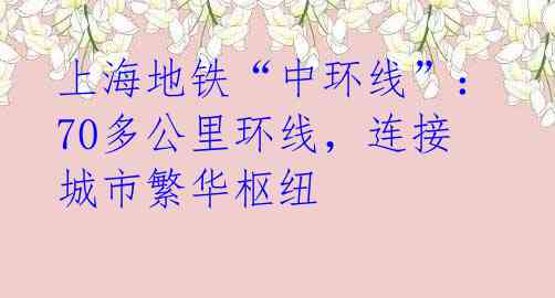 上海地铁“中环线”:70多公里环线,连接城市繁华枢纽