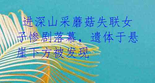 进深山采蘑菇失联女子惨剧落幕,遗体于悬崖下方被发现