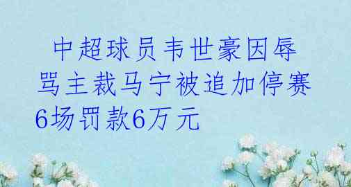  中超球员韦世豪因辱骂主裁马宁被追加停赛6场罚款6万元 