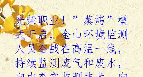 光荣职业!”蒸烤”模式开启,金山环境监测人员奋战在高温一线,持续监测废气和废水,向内夯实监测技术,向外树立良好形象。他们