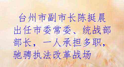  台州市副市长陈挺晨出任市委常委、统战部部长，一人承担多职，驰骋执法改革战场 