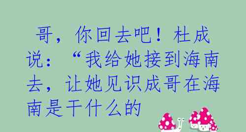  哥，你回去吧！杜成说：“我给她接到海南去，让她见识成哥在海南是干什么的 