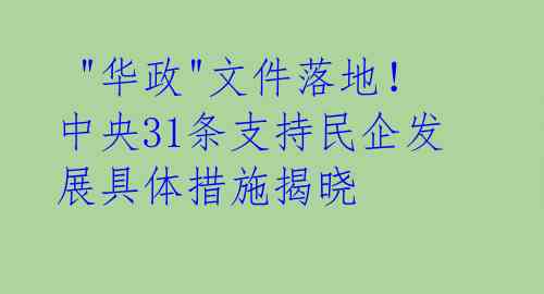 "华政"文件落地！中央31条支持民企发展具体措施揭晓
