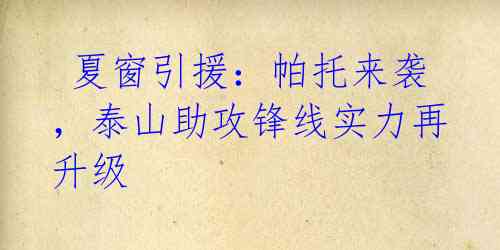 夏窗引援:帕托来袭,泰山助攻锋线实力再升级