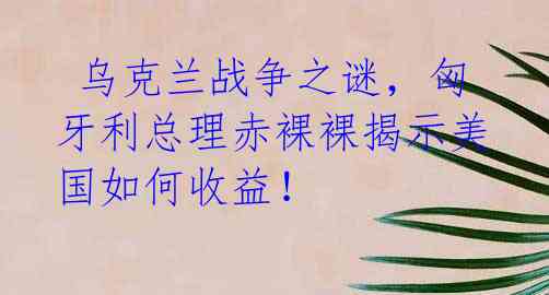 乌克兰战争之谜,匈牙利总理赤裸裸揭示美国如何收益!
