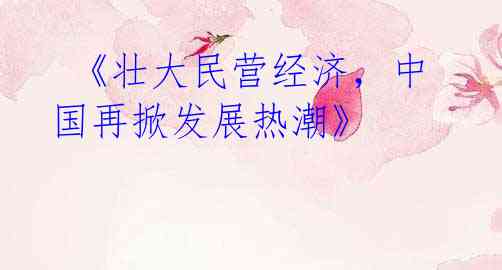 《壮大民营经济,中国再掀发展热潮》