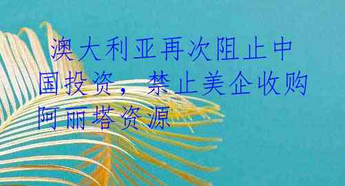 澳大利亚再次阻止中国投资,禁止美企收购阿丽塔资源