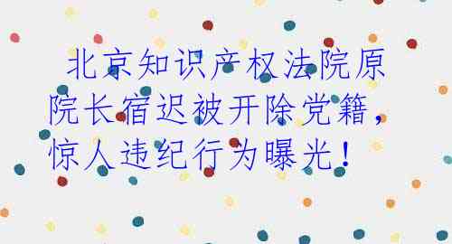  北京知识产权法院原院长宿迟被开除党籍，惊人违纪行为曝光！ 