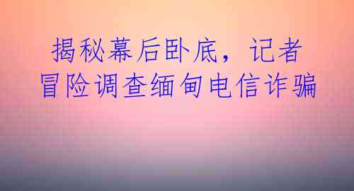 揭秘幕后卧底,记者冒险调查缅甸电信诈骗