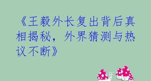 《王毅外长复出背后真相揭秘，外界猜测与热议不断》 