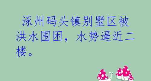  涿州码头镇别墅区被洪水围困，水势逼近二楼。 