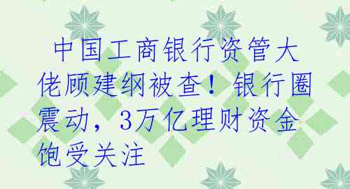  中国工商银行资管大佬顾建纲被查！银行圈震动，3万亿理财资金饱受关注 