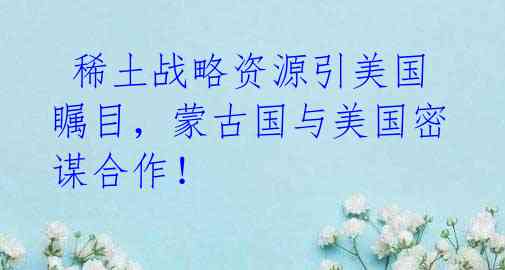 稀土战略资源引美国瞩目,蒙古国与美国密谋合作!