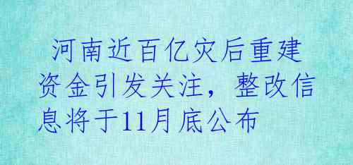  河南近百亿灾后重建资金引发关注，整改信息将于11月底公布 