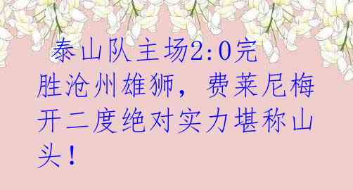 泰山队主场2:0完胜沧州雄狮,费莱尼梅开二度绝对实力堪称山头!