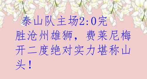  泰山队主场2:0完胜沧州雄狮，费莱尼梅开二度绝对实力堪称山头！ 