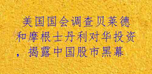  美国国会调查贝莱德和摩根士丹利对华投资，揭露中国股市黑幕 