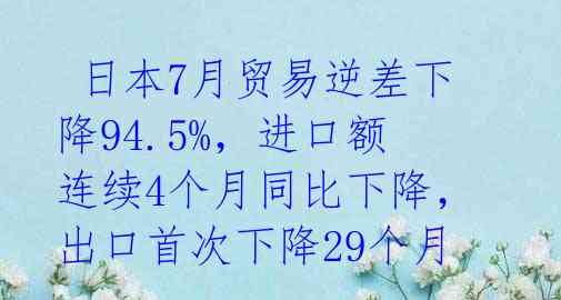 日本7月贸易逆差下降94.5%,进口额连续4个月同比下降,出口首次下降29个月