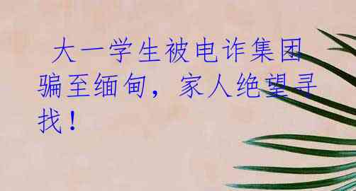  大一学生被电诈集团骗至缅甸，家人绝望寻找！