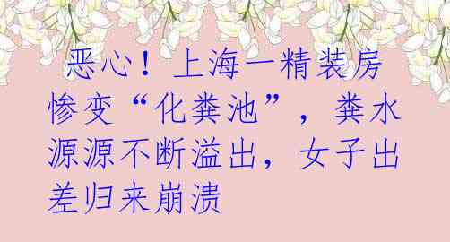  恶心！上海一精装房惨变“化粪池”，粪水源源不断溢出，女子出差归来崩溃