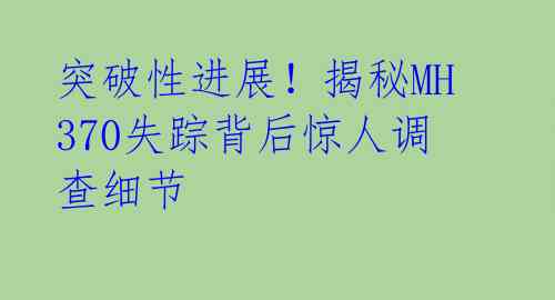 突破性进展!揭秘MH370失踪背后惊人调查细节