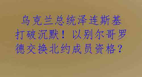  乌克兰总统泽连斯基打破沉默！以别尔哥罗德交换北约成员资格？ 