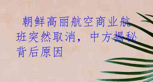 朝鲜高丽航空商业航班突然取消,中方揭秘背后原因
