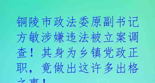 铜陵市政法委原副书记方敏涉嫌违法被立案调查！其身为乡镇党政正职，竟做出这许多出格之事！ 