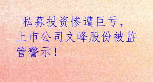  私募投资惨遭巨亏，上市公司文峰股份被监管警示！ 