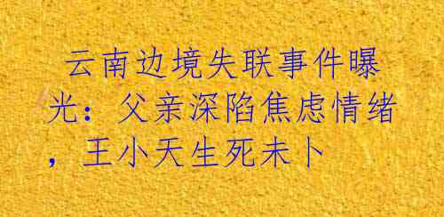 云南边境失联事件曝光:父亲深陷焦虑情绪,王小天生死未卜