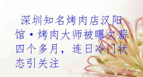 深圳知名烤肉店汉阳馆·烤肉大师被曝欠薪四个多月,连日冷门状态引关注