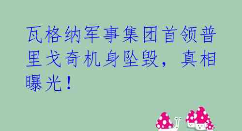 瓦格纳军事集团首领普里戈奇机身坠毁，真相曝光！ 