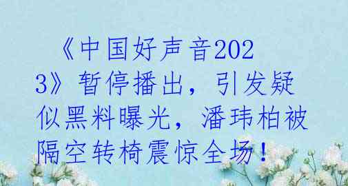  《中国好声音2023》暂停播出，引发疑似黑料曝光，潘玮柏被隔空转椅震惊全场！ 