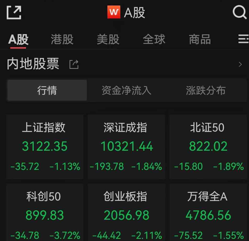 A股三大股指低开下挫,创业板指跌超2%