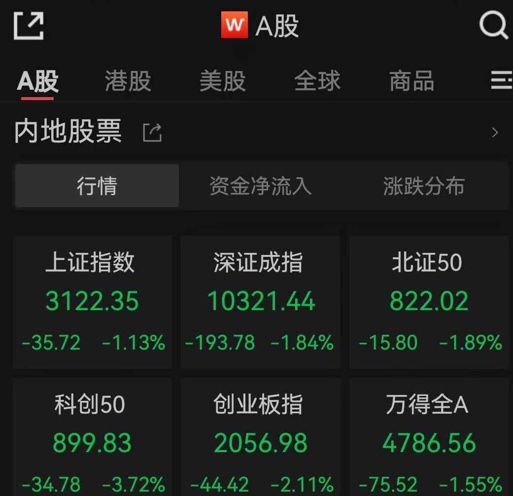 A股三大股指低开下挫，创业板指跌超2% 