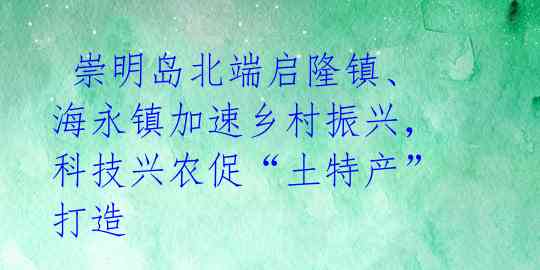 崇明岛北端启隆镇、海永镇加速乡村振兴,科技兴农促“土特产”打造