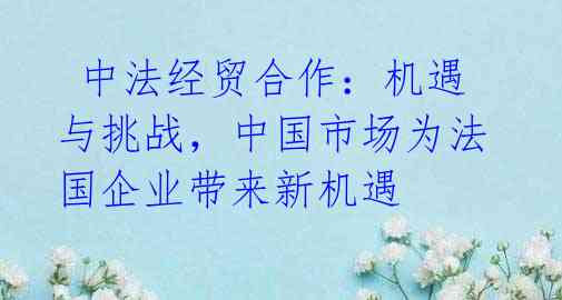  中法经贸合作：机遇与挑战，中国市场为法国企业带来新机遇 