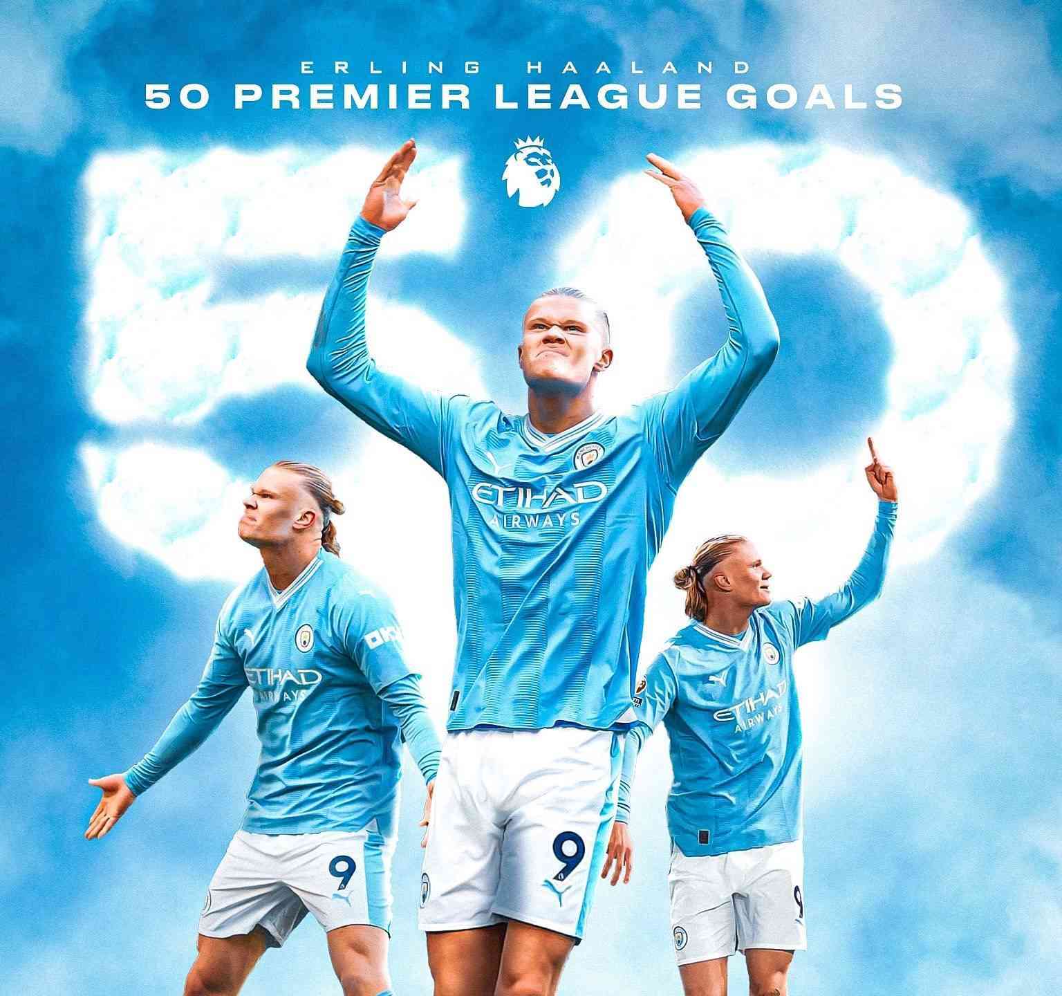 哈兰德英超生涯进球数达到50球,曼城1-1战平利物浦