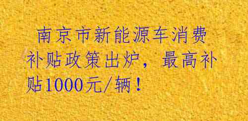  南京市新能源车消费补贴政策出炉，最高补贴1000元/辆！ 