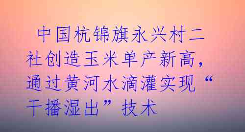  中国杭锦旗永兴村二社创造玉米单产新高，通过黄河水滴灌实现“干播湿出”技术
